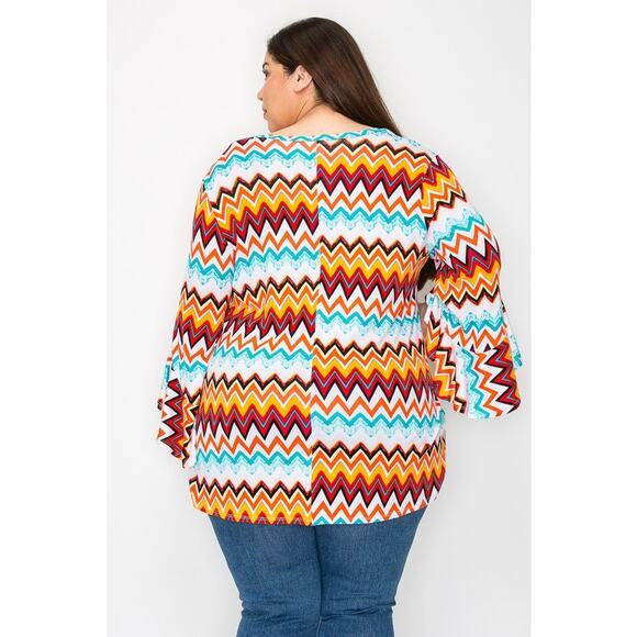 065 Curvy Lovey Chevron Print V-Neck Tunic Top Asymmetrical Sleeves - Picture 3 of 5